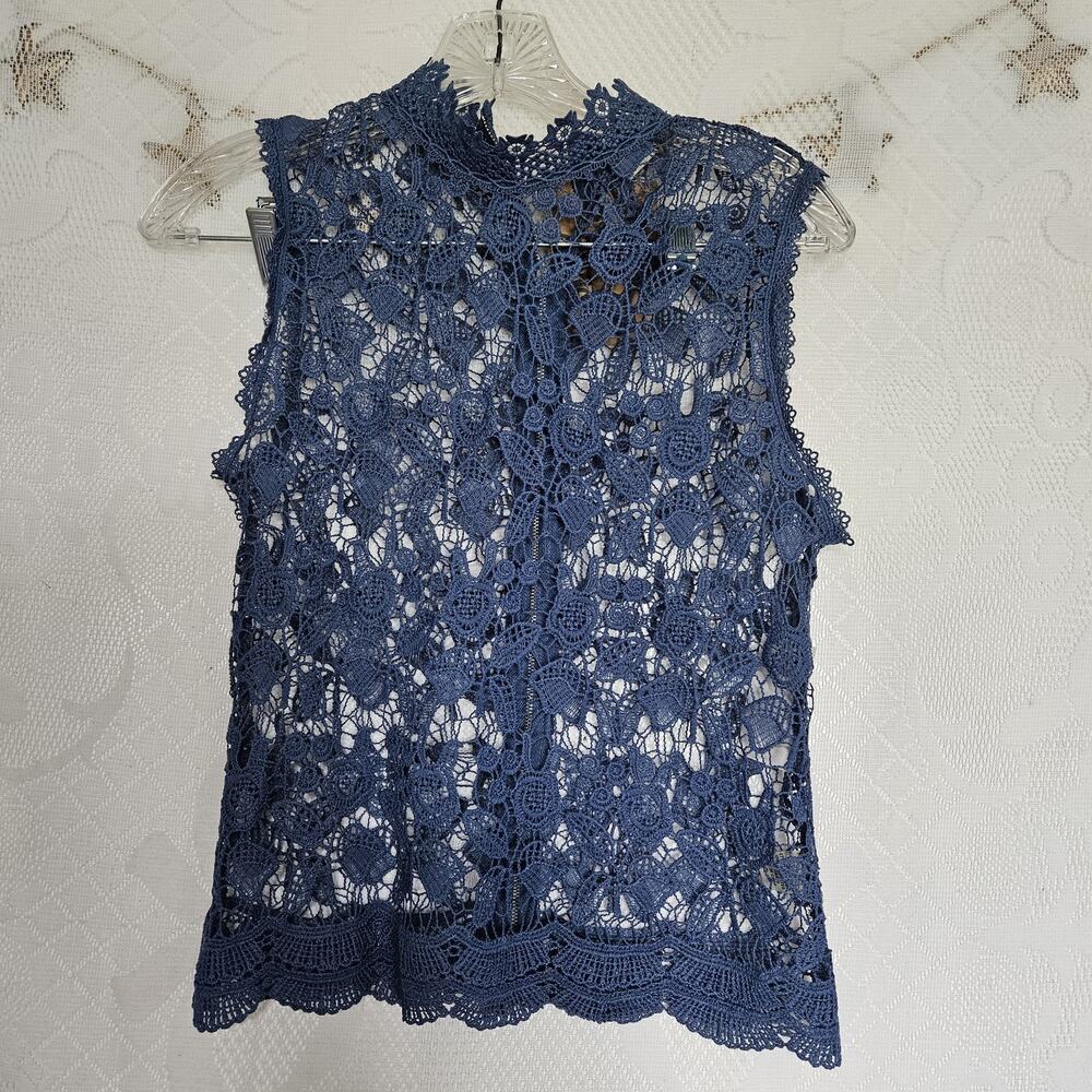 Chance Of Fate Blue Small Floral Crochet Lace Top Mock Neck Festival Coquette